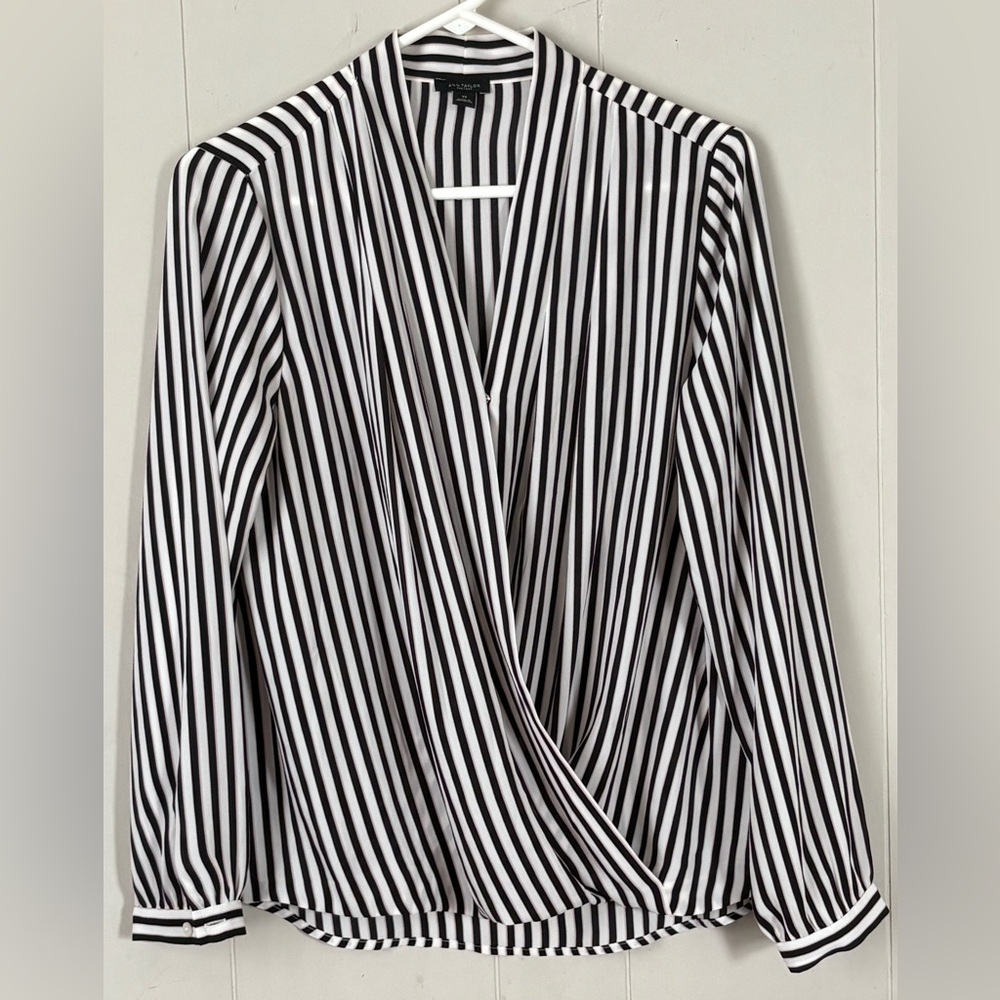 Ann Taylor pink black & white deep plunging wrap sheer blouse XS